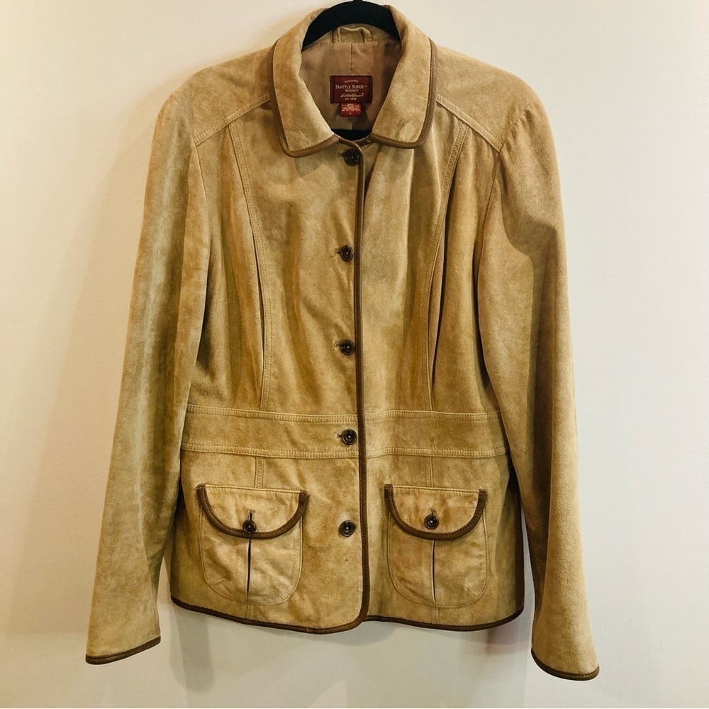 EDDIE BAUER SZ L Seattle Suede Vintage Tan Brown Trim Pockets Back Slits Jacket